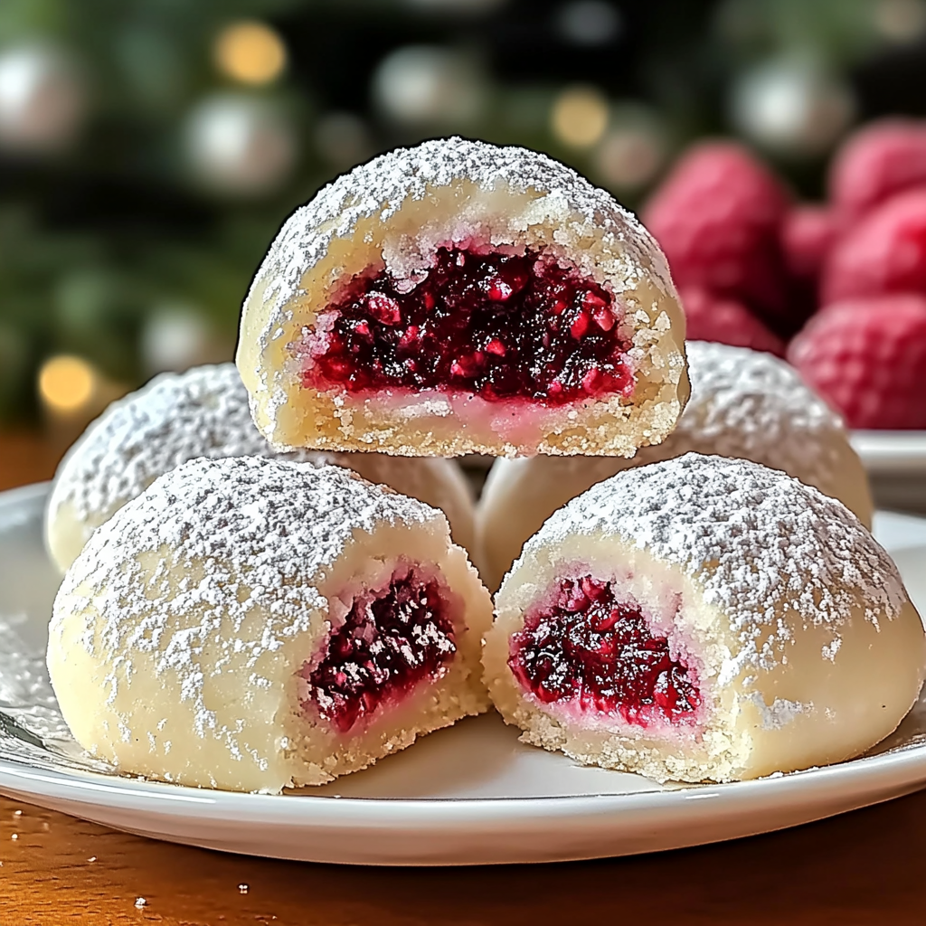 Raspberry Filled Almond Snowball Cookies