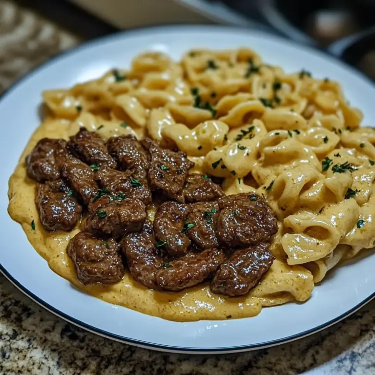 CREAMY VELVEETA STEAK TORTELLINI WITH GARLIC SAUCE