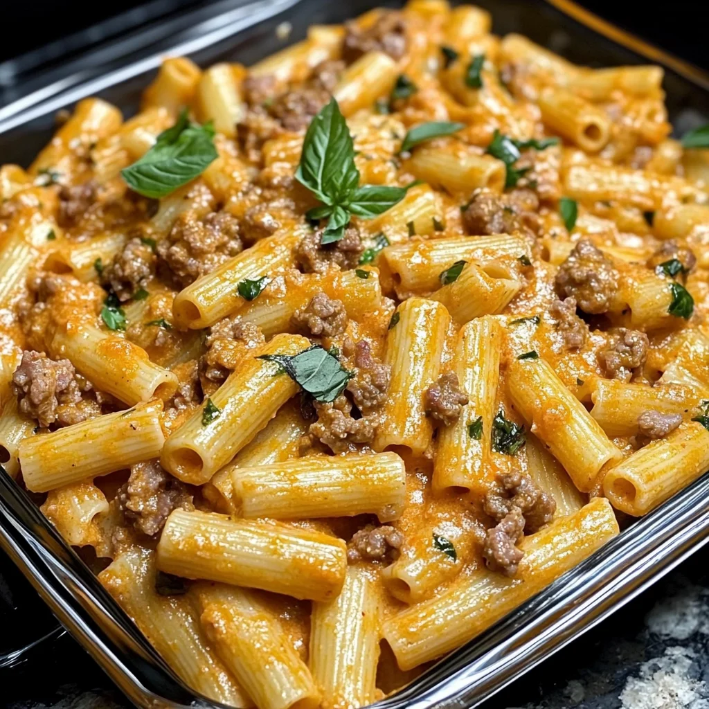 Creamy Roasted Red Pepper Rigatoni with Spicy Sausage