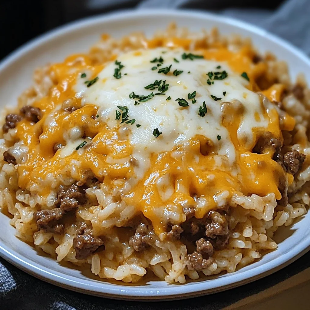 Garlic Butter Beef and Rice Skillet with Cheddar Parmesan Sauce