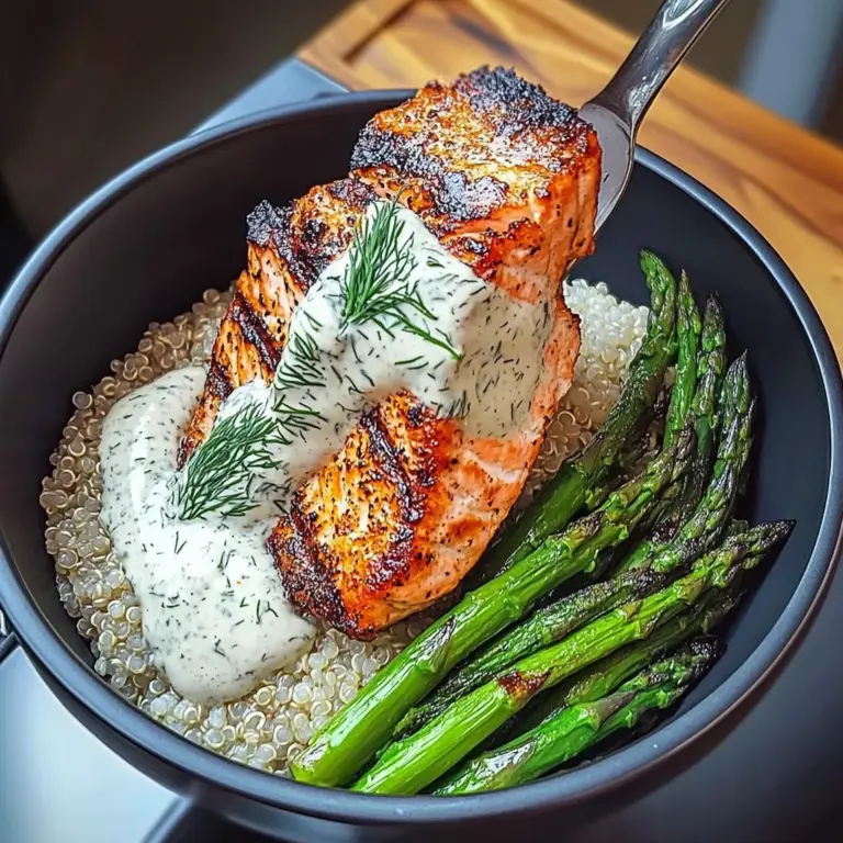 Grilled Salmon, Asparagus, and Quinoa Bowl with Lemon Dill Sauce