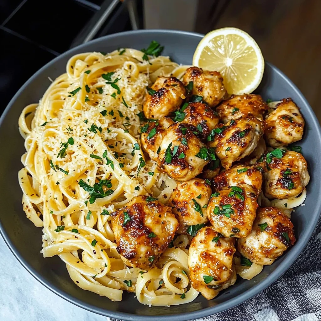 Lemon Garlic Butter Chicken Bites with Savory Parmesan Linguine