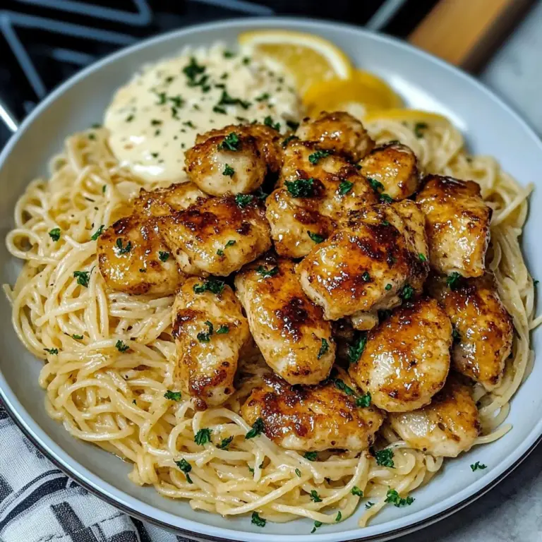 Lemon garlic butter chicken served with creamy parmesan linguine