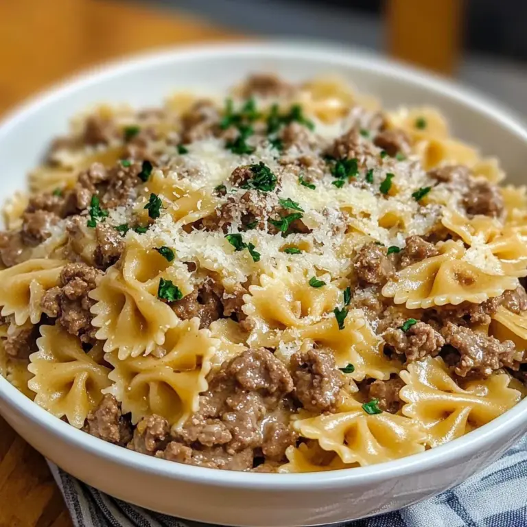 Savory Beef and Bowtie Pasta in Alfredo Sauce