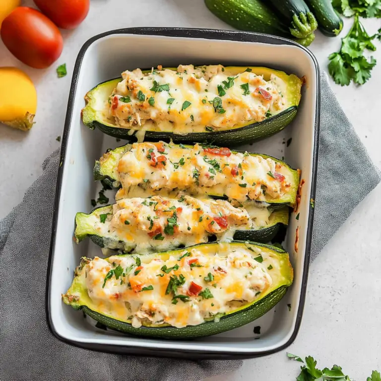Stuffed Zucchini Boats (With Creamy Chicken)