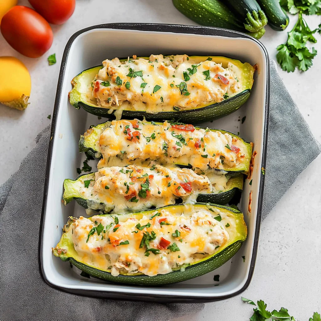 Stuffed Zucchini Boats (With Creamy Chicken)