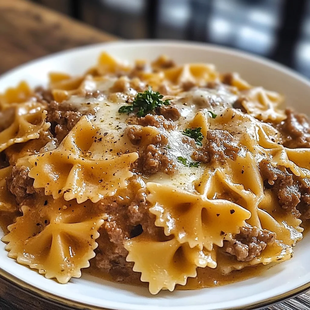 Cheesy Beef Bowtie Pasta In Rich Alfredo Sauce