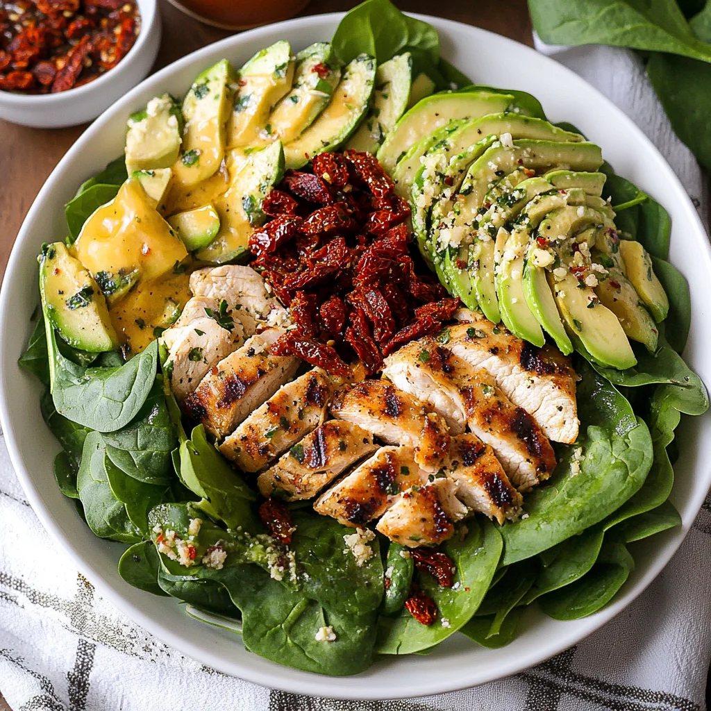Grilled Chicken Sun Dried Tomato and Avocado Spinach Salad
