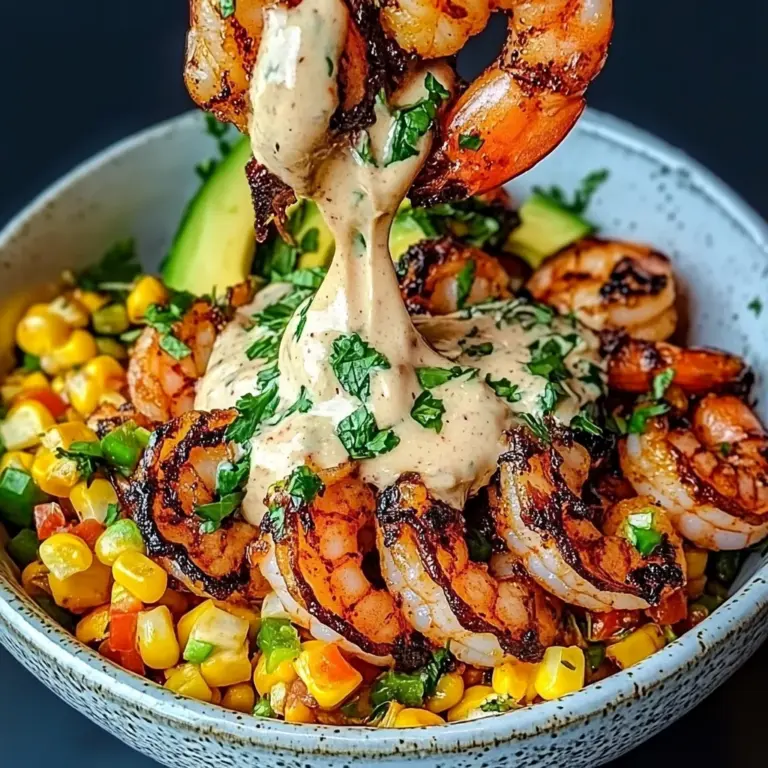 Grilled Shrimp Bowl with Avocado, Corn Salsa & Creamy Sauce