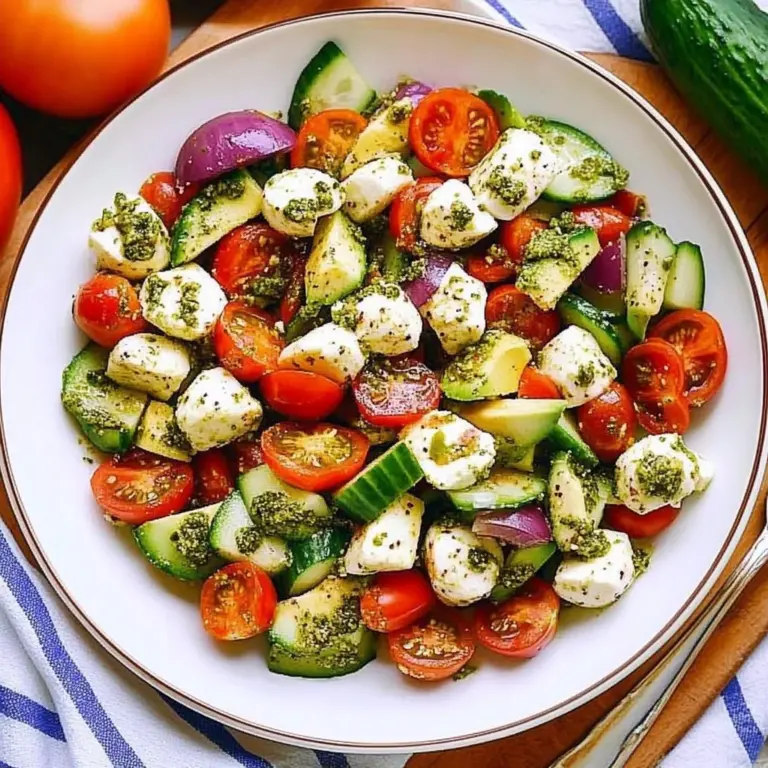 Tomato Cucumber Avocado Salad with Mozzarella and Basil Pesto