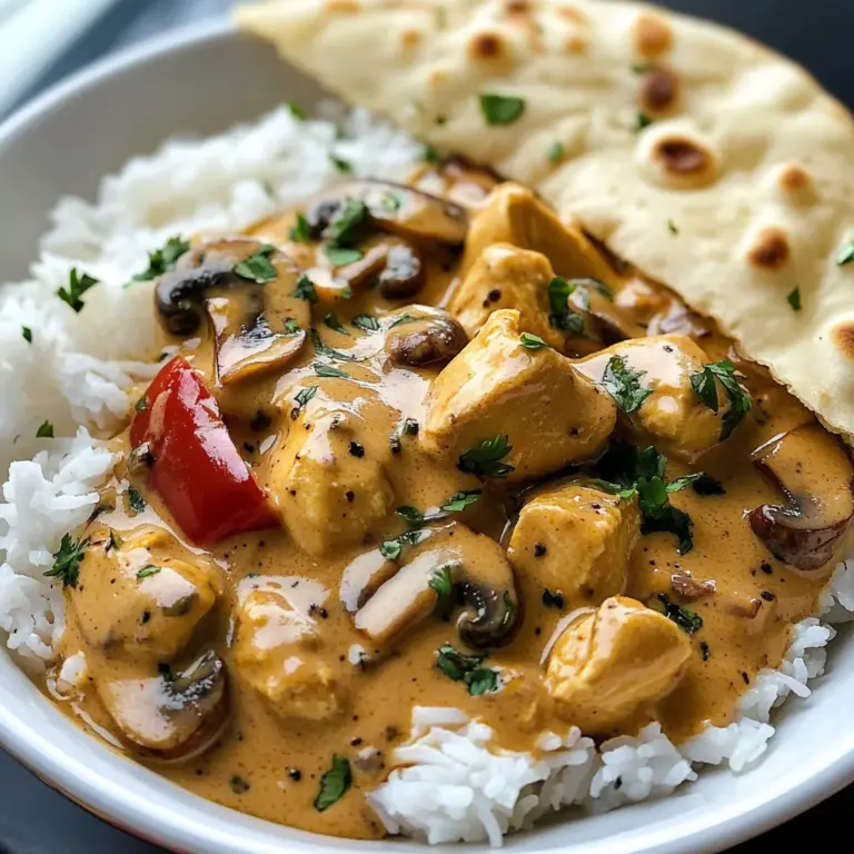 Creamy Chicken Curry with Golden Mushrooms, Rice & Warm Naan