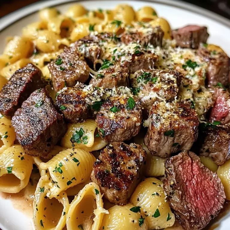 Creamy Garlic Parmesan Steak Bites with Shell Pasta