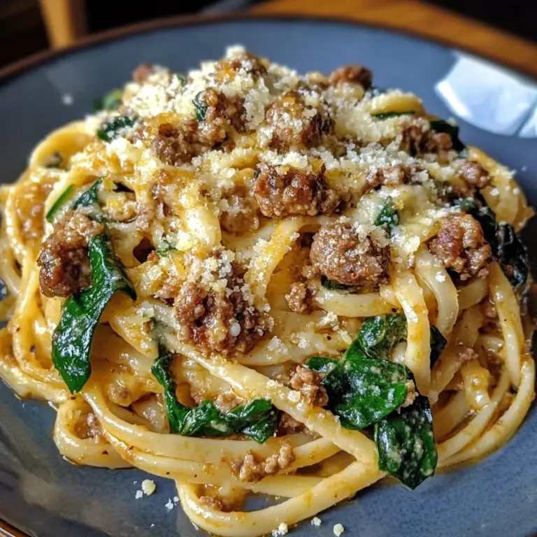 Garlic Butter Cheesy Linguine with Beef, Sausage and Spinach