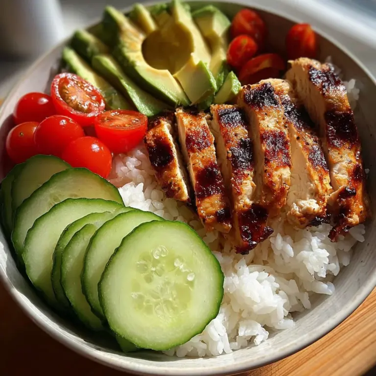 Grilled Chicken Rice Bowl with Avocado, Cucumber & Cherry Tomatoes