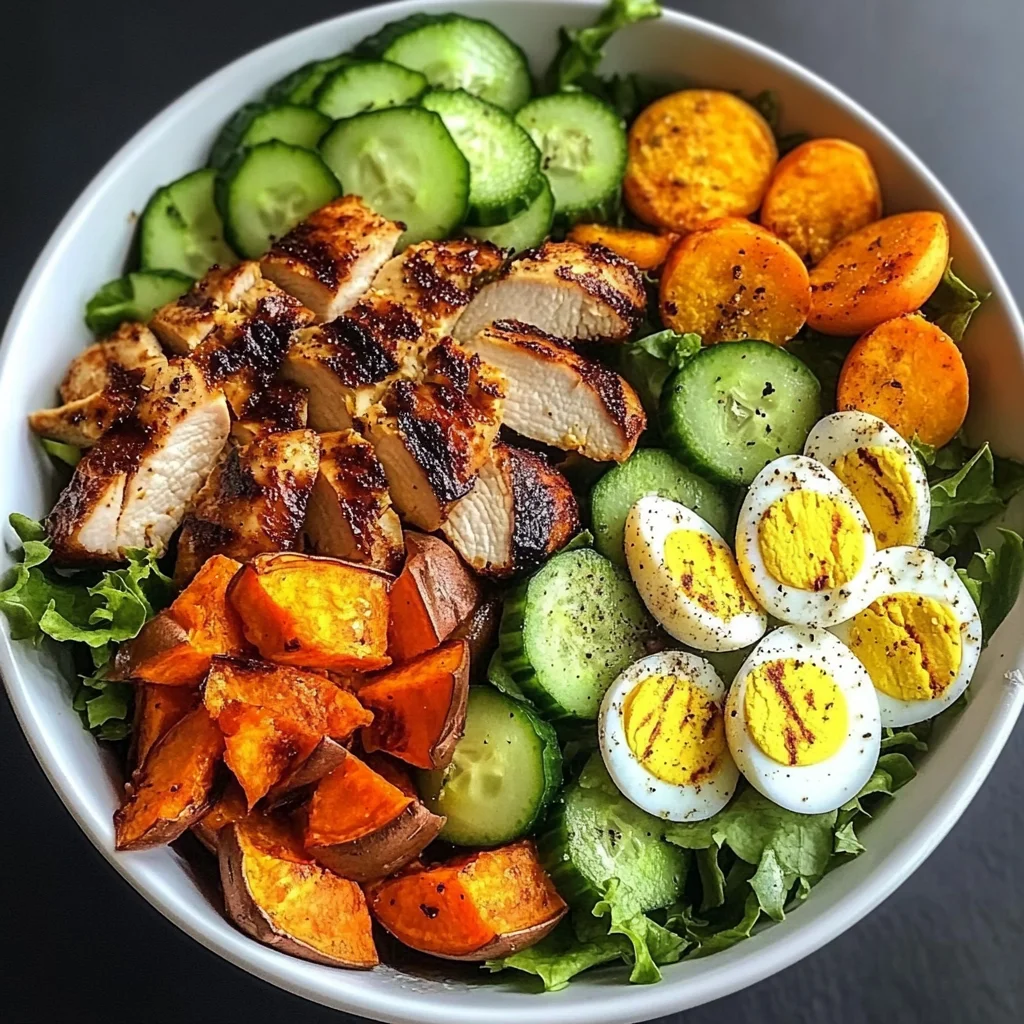 Grilled Chicken Salad Bowl with Sweet Potato Rounds & Eggs