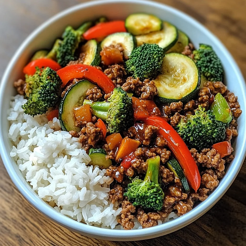 Ground Beef Veggie Stir-Fry Bowl with Fluffy Rice