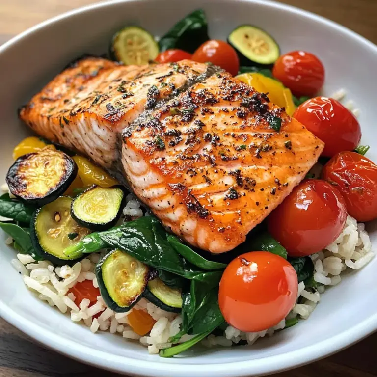 Pan-Seared Salmon on Garlic Veggie Rice Bowl