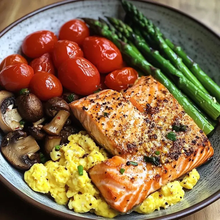 Salmon Power Bowl with Scrambled Eggs, Asparagus & Sauted Mushrooms