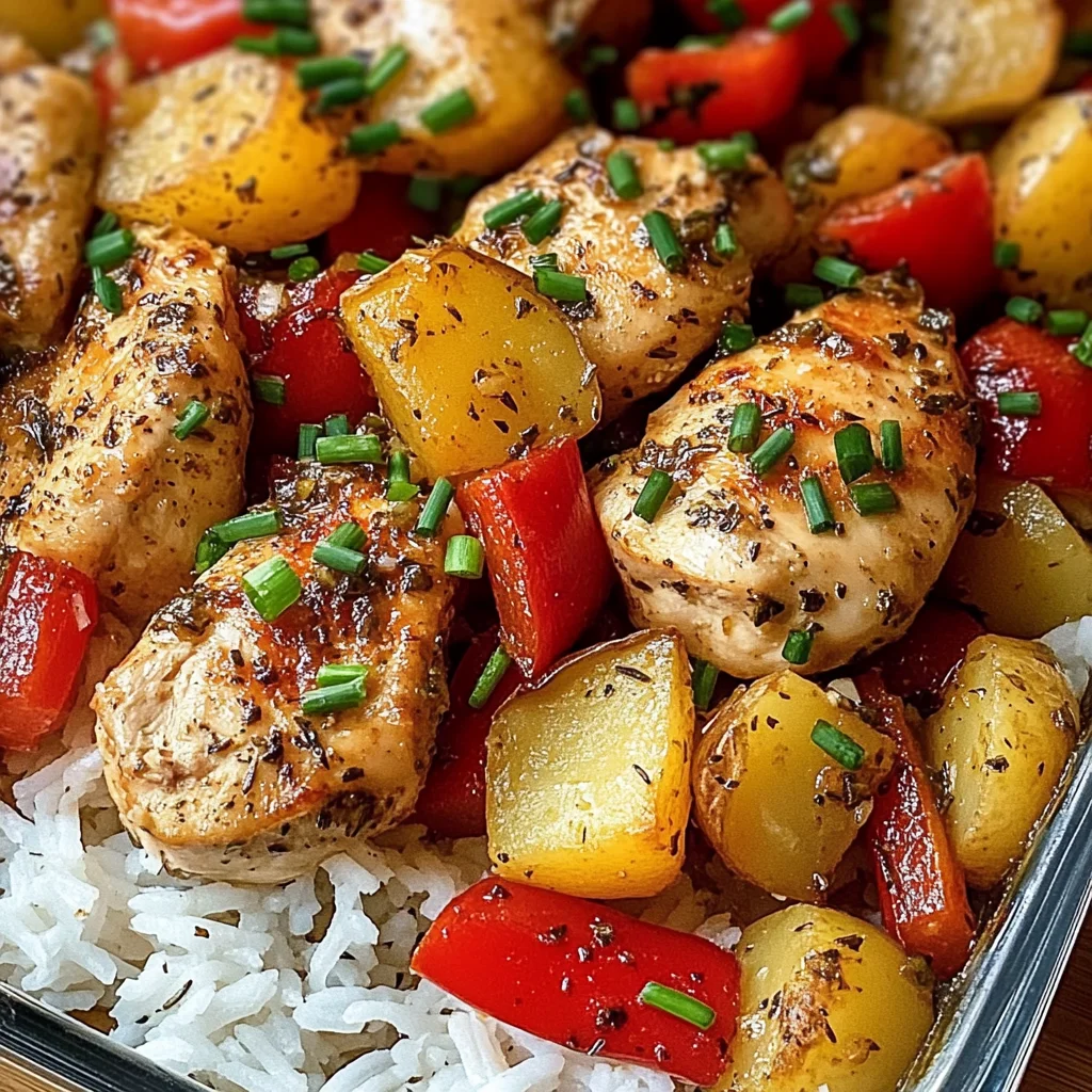 Savory Herb Chicken with Roasted Potatoes, Bell Peppers & Steamed Rice