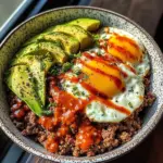 Spicy Avocado & Beef Protein Bowl with Fried Eggs