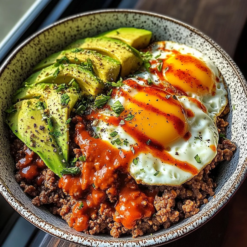 Spicy Avocado & Beef Protein Bowl with Fried Eggs