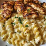 Cheesy Rotini Alfredo with Garlic Chicken Strips