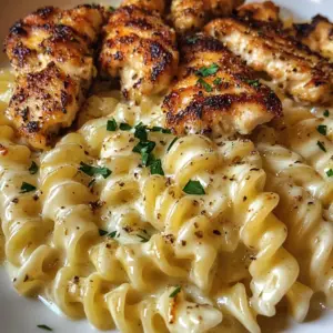 Cheesy Rotini Alfredo with Garlic Chicken Strips