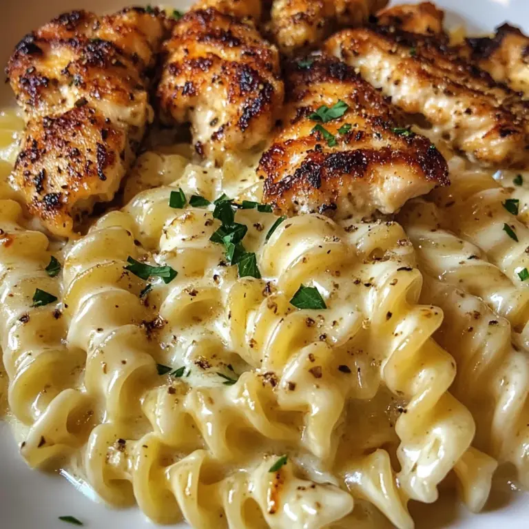 Cheesy Rotini Alfredo with Garlic Chicken Strips