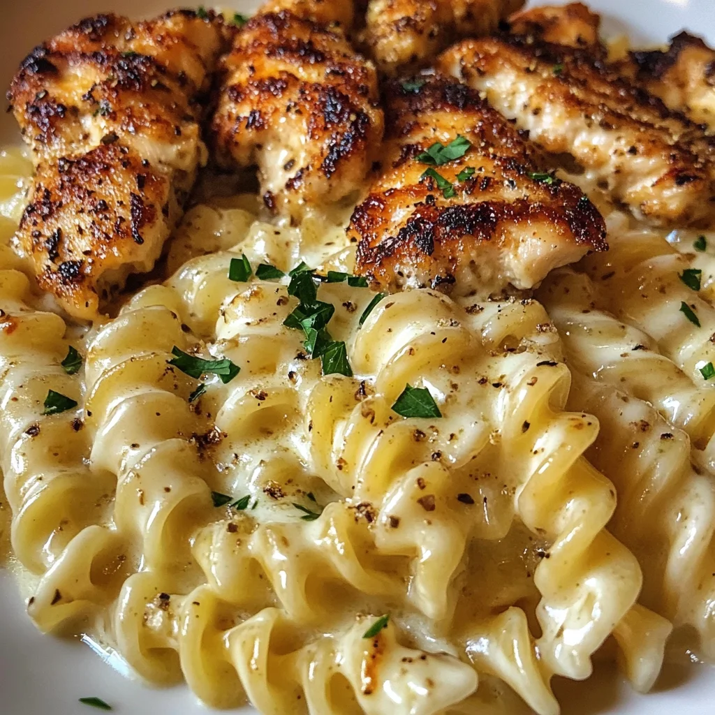 Cheesy Rotini Alfredo with Garlic Chicken Strips