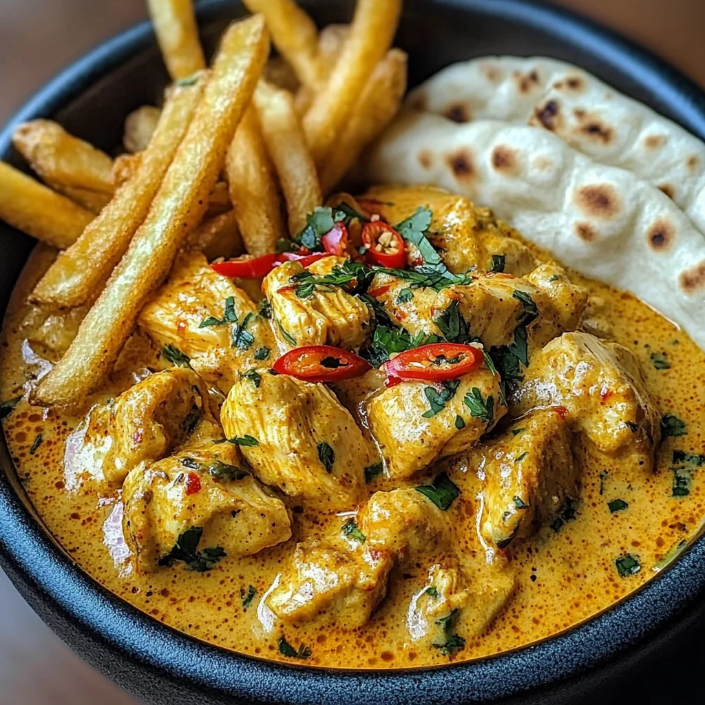 Coconut Chicken Curry with Crispy Fries and Warm Naan