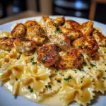 Creamy Alfredo Bowtie Pasta with Garlic Chicken Bites