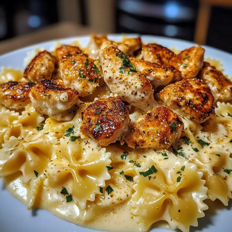 Creamy Alfredo Bowtie Pasta with Garlic Chicken Bites