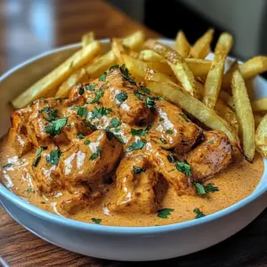 Creamy Butter Chicken with Garlic Cream Sauce and Hand-Cut Fries