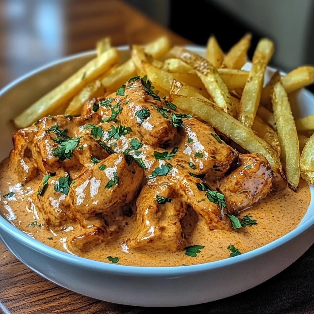 Creamy Butter Chicken with Garlic Cream Sauce and Hand-Cut Fries