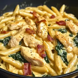 Creamy Chicken Bacon Penne with Spinach