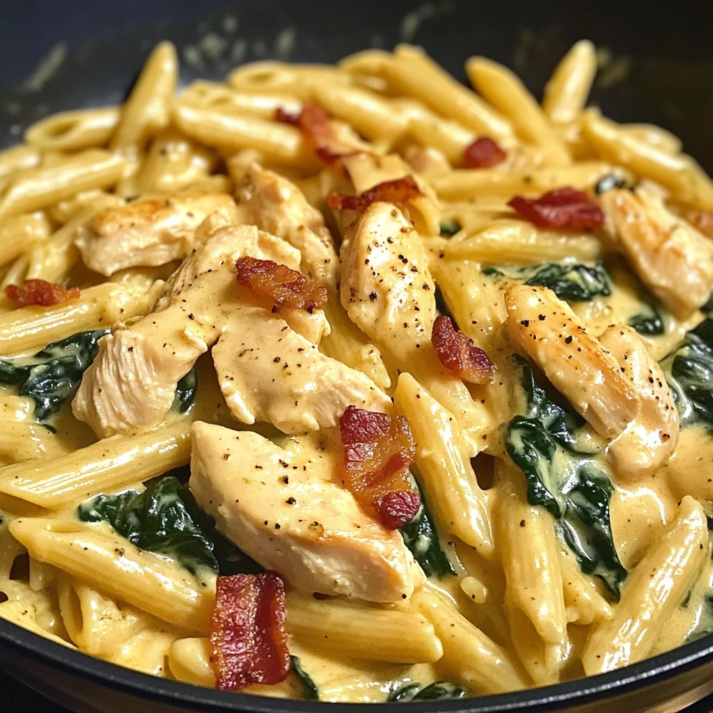 Creamy Chicken Bacon Penne with Spinach