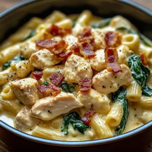 Creamy Chicken Pasta with Spinach and Bacon