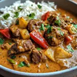 Creamy Coconut Curry Beef with Garlic Naan & Fries