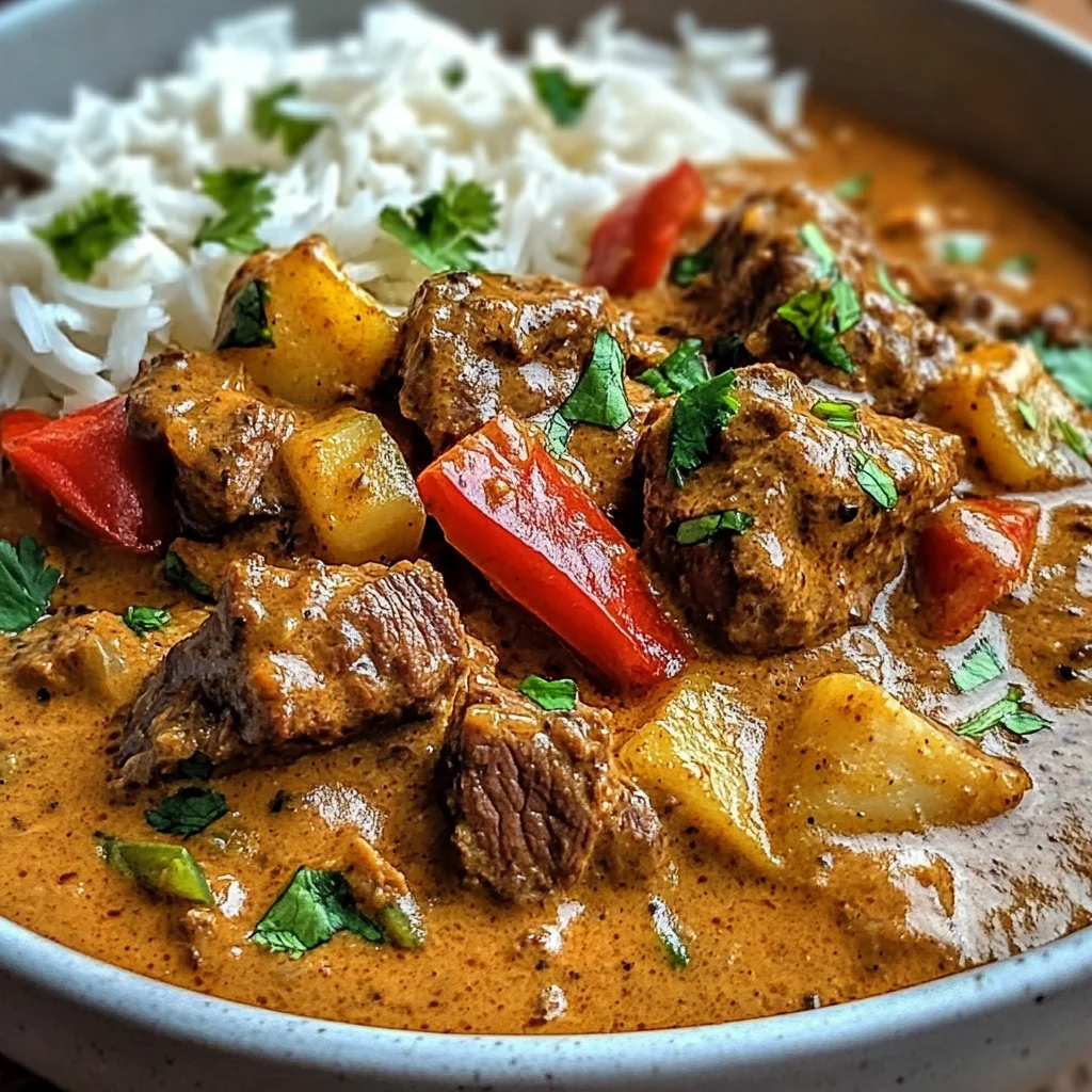Creamy Coconut Curry Beef with Garlic Naan & Fries