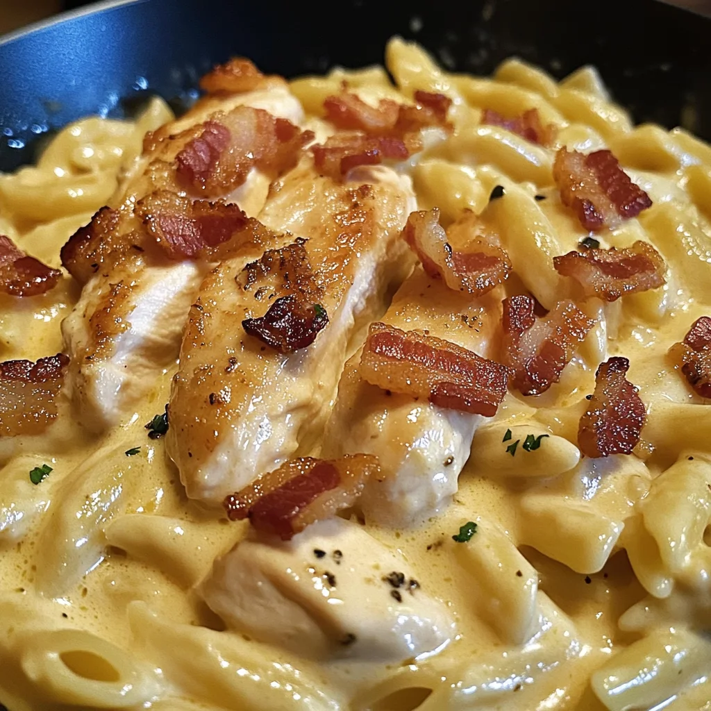 Creamy Honey Dijon Chicken Pasta with Crispy Bacon
