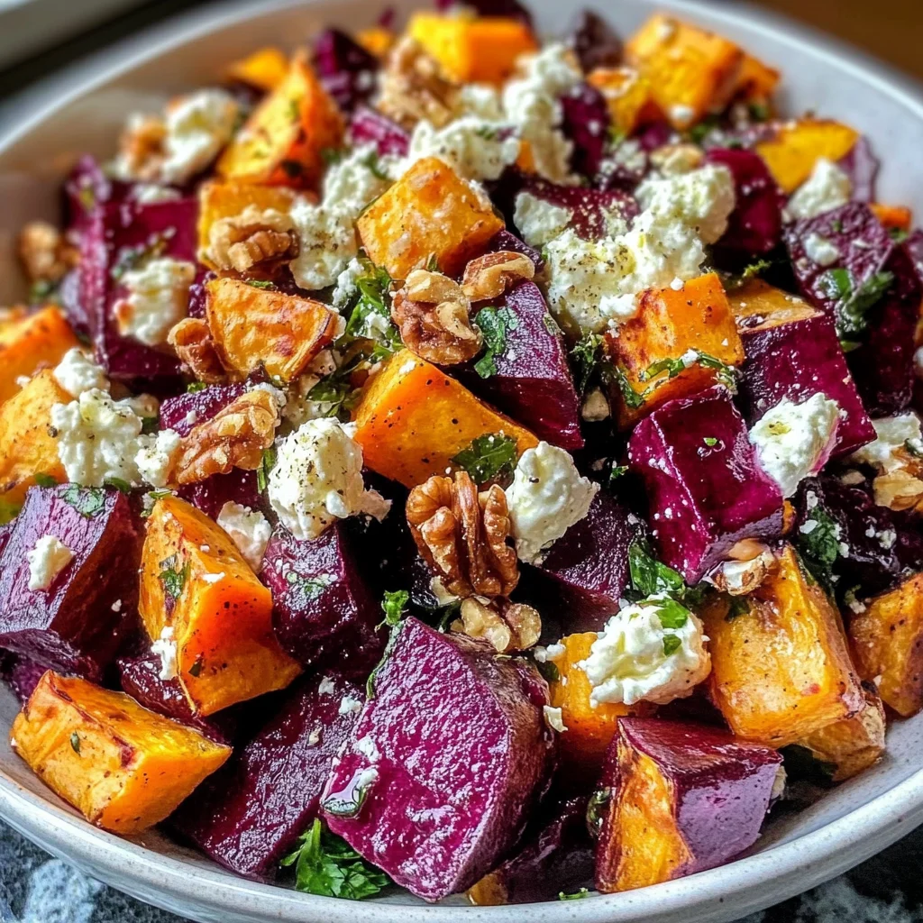 Creamy Roasted Beet Salad with Sweet Potato & Feta