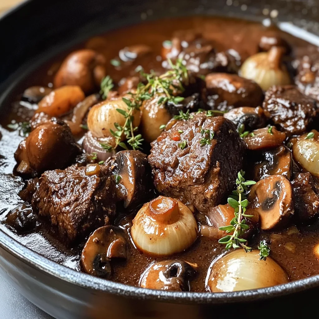 French Beef Bourguignon with Wine-Braised Mushrooms and Pearl Onions