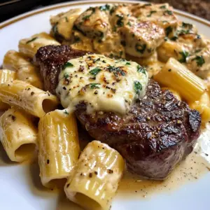 Garlic Cream Steak with Rigatoni in Provolone Cream Sauce