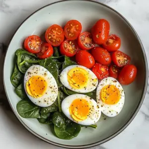 Boiled Eggs with Sautéed Cherry Tomatoes & Spinach