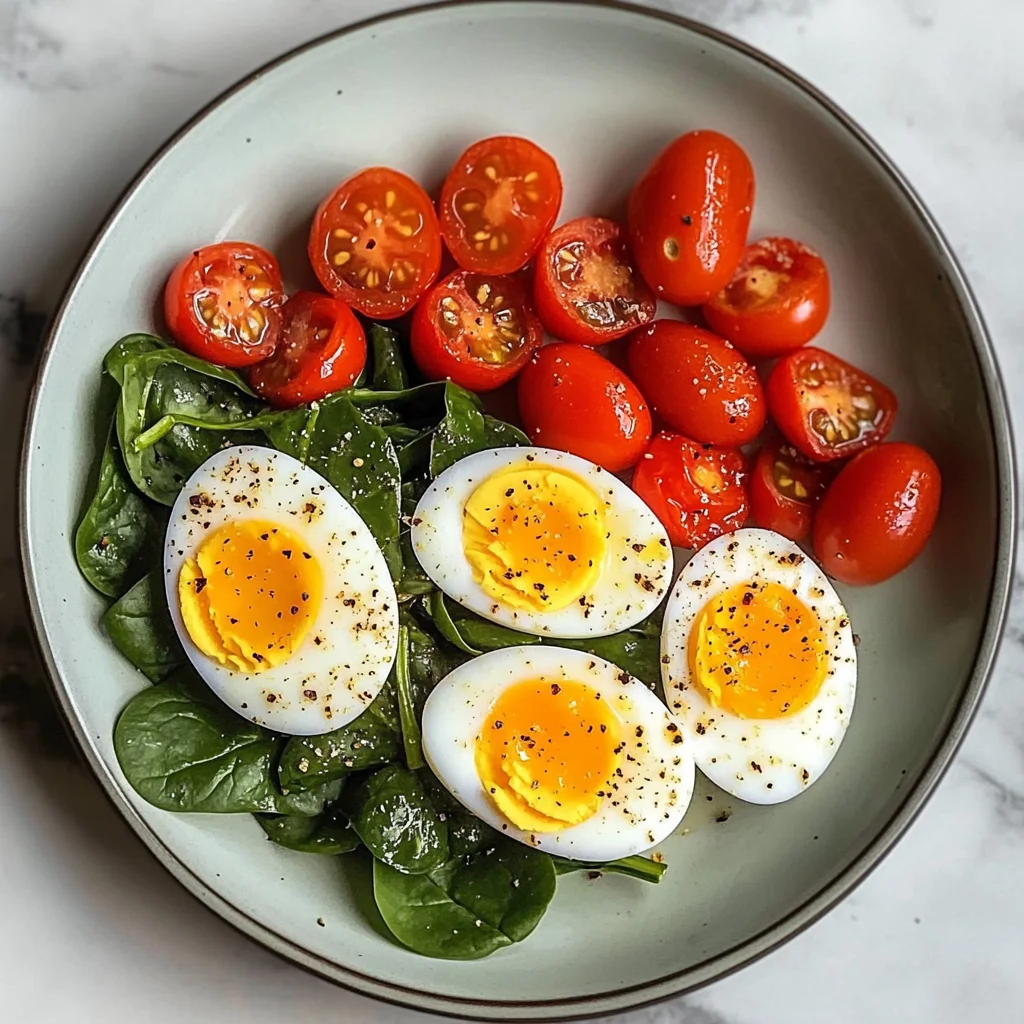 Boiled Eggs with Sautéed Cherry Tomatoes & Spinach