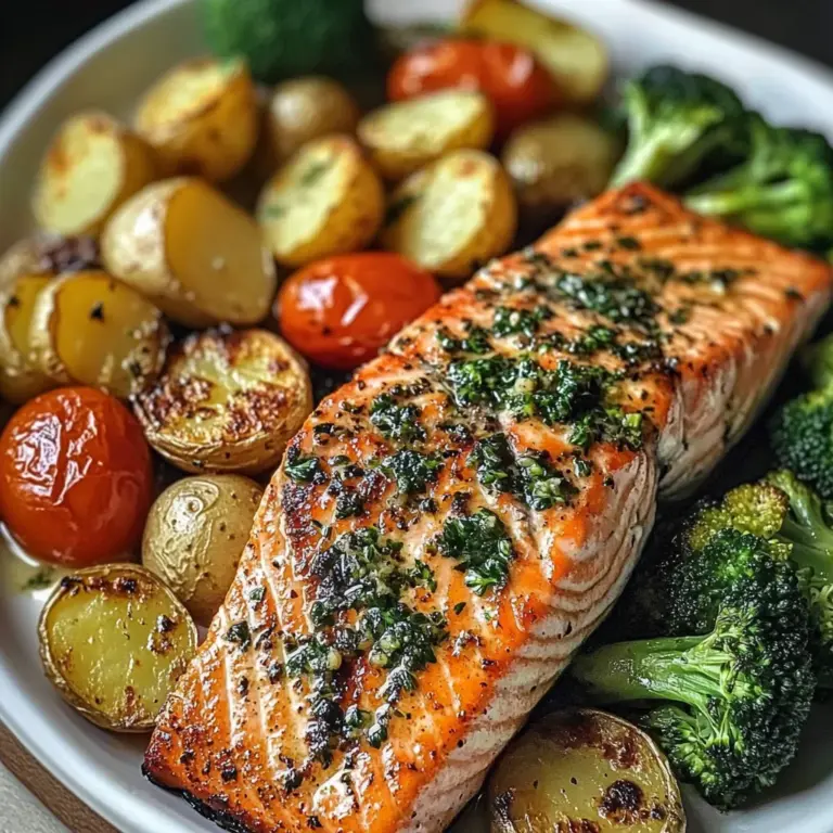 Garlic Butter Salmon with Roasted Veggies & Baby Potatoes