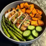Grilled Chicken Bowl with Sweet Potato, Asparagus & Cucumber Medley