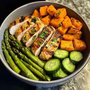 Grilled Chicken Bowl with Sweet Potato, Asparagus & Cucumber Medley
