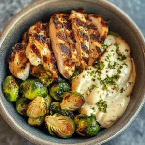 Grilled Chicken & Brussels Sprouts Bowl with Creamy Garlic-Parmesan Sauce