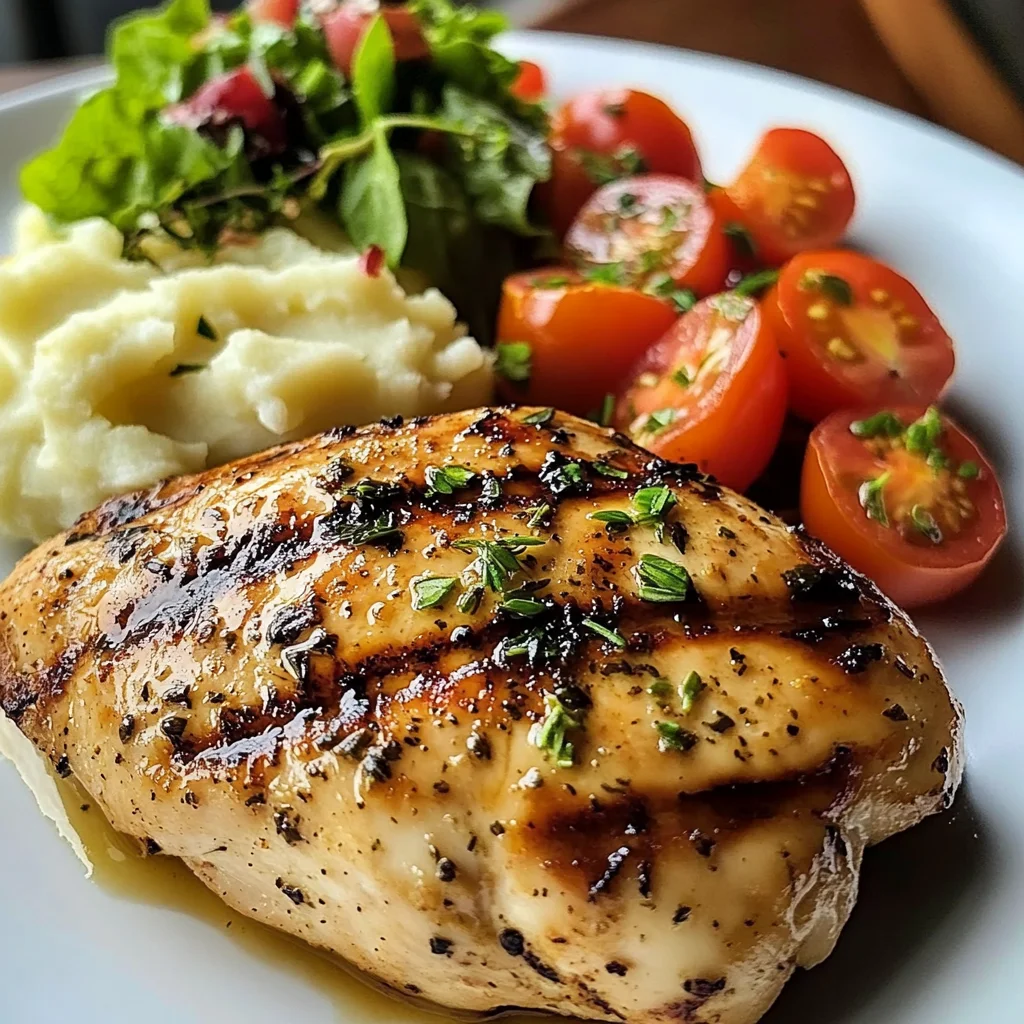 Grilled Garlic Herb Chicken with Creamy Mashed Potatoes & Fresh Garden Salad